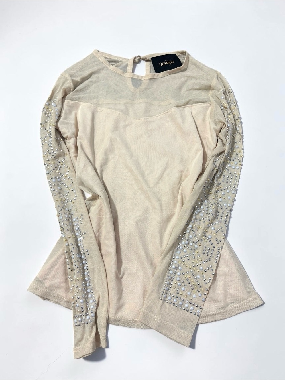 Wishful Nude Pearl Rhinestone Mesh Top Bejeweled Sheer Y2K Glam Large